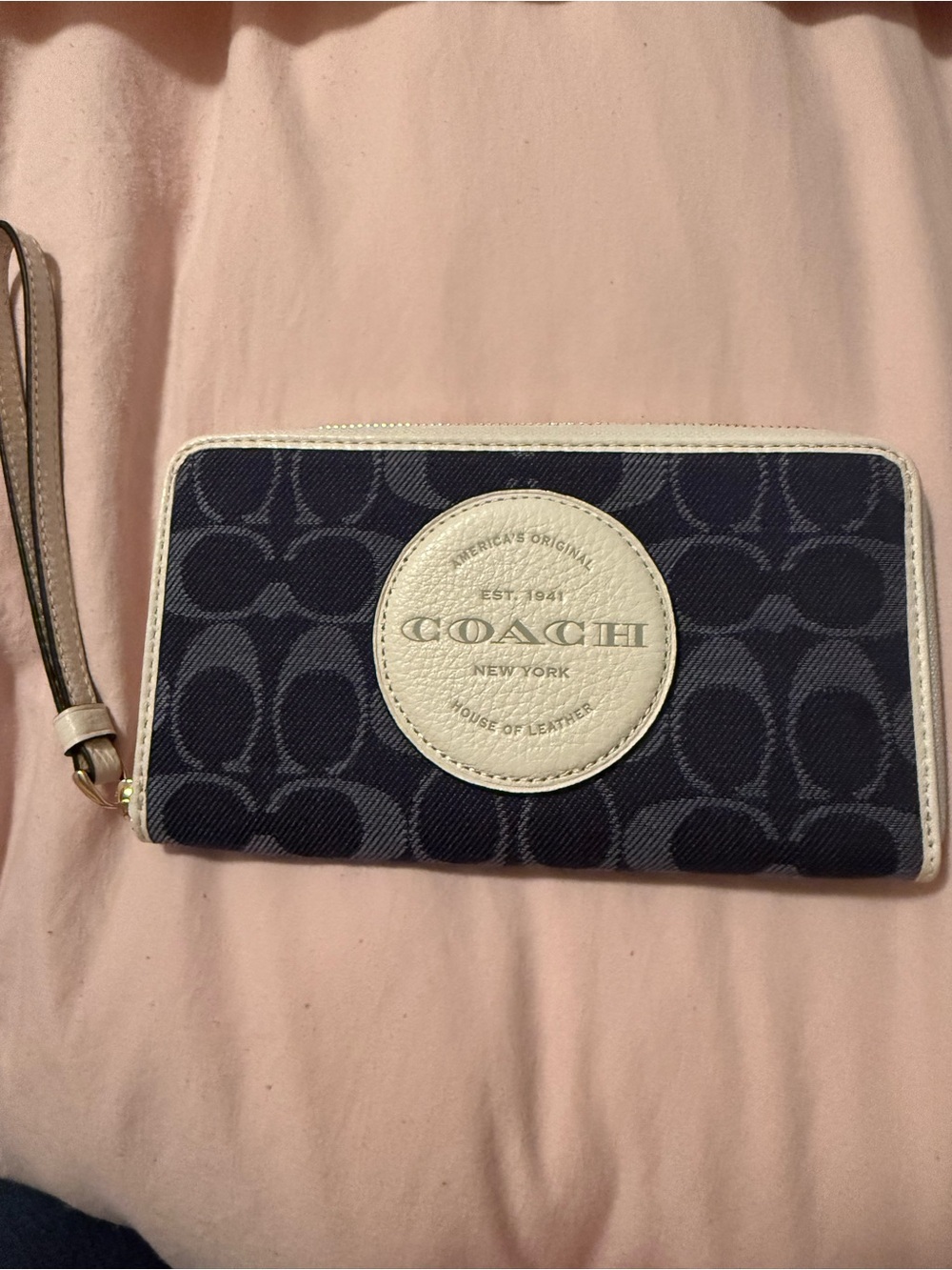 Coach Navy Signature Zip Wristlet with White Trim and Gold Zip